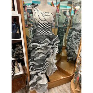 Aspeed Black and White Checkered Hi-Low Formal Gown in S